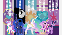 Size: 2000x1125 | Tagged: safe, derpibooru import, editor:quoterific, princess cadance, princess celestia, princess flurry heart, princess luna, twilight sparkle, older, older flurry heart, wallpaper