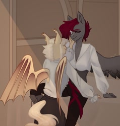 Size: 1028x1080 | Tagged: safe, artist:tttips!, derpibooru import, oc, oc only, anthro, bat pony, pegasus, bat wings, brown background, clothes, corset, couple, ear fluff, ears, eyepatch, female, females only, hand on cheek, lesbian, pants, pirate, red hair, sash, shirt, simple background, spread wings, tail, white hair, white tail, wings