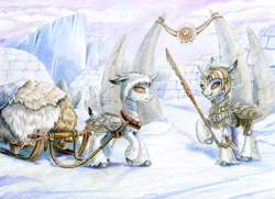 Size: 1517x1100 | Tagged: safe, artist:maytee, derpibooru import, oc, oc only, changeling, armor, changeling oc, colored pencil drawing, duo, fluffy, horse collar, igloo, sled, snow, snow changeling, spear, tack, traditional art, unshorn fetlocks, weapon