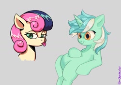 Size: 1414x993 | Tagged: safe, artist:qweakster, derpibooru import, bon bon, lyra heartstrings, sweetie drops, earth pony, pony, unicorn, :p, duo, female, gray background, meme, simple background, sitting, sitting lyra, tongue, tongue out