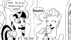 Size: 1200x675 | Tagged: safe, artist:pony-berserker, derpibooru import, pinkie pie, twilight sparkle, twilight sparkle (alicorn), alicorn, earth pony, pony, pony-berserker's twitter sketches, delusion, dialogue, duo, duo female, eyes closed, female, mare, pony-berserker's twitter sketches (2023), twilight's castle