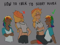 Size: 2892x2200 | Tagged: safe, artist:elsorvete, derpibooru import, applejack, rainbow dash, human, appledash, blushing, dark skin, duo, female, how to talk to short people, humanized, lesbian, midriff, shipping