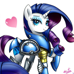 Size: 2048x2048 | Tagged: safe, derpibooru import, generator:purplesmart.ai, generator:stable diffusion, machine learning generated, rarity, pony, unicorn, armor, fabulous, female, heart, mare, palindrome get, raised hoof, raised leg, simple background, solo, white background