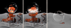 Size: 4480x1788 | Tagged: safe, artist:rexyseven, derpibooru import, oc, oc only, oc:rusty gears, earth pony, pony, bubble helmet, cracks, dark comedy, exclamation point, heterochromia, implied death, screwdriver, solo, space, spacesuit, too dumb to live, vacuum