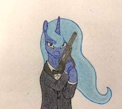 Size: 2048x1830 | Tagged: safe, artist:antnoob, artist:lightsolver, derpibooru import, princess luna, bowtie, clothes, colored, female, gun, handgun, looking at you, mare, pistol, simple background, solo, suit, traditional art, tuxedo, weapon, white background