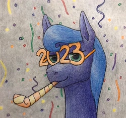 Size: 2048x1928 | Tagged: safe, artist:antnoob, artist:lightsolver, derpibooru import, oc, pony, 2023, colored, female, happy new year, holiday, looking at you, mare, missing horn, party horn, solo, traditional art