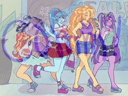 Size: 1400x1050 | Tagged: safe, artist:dulcesilly, derpibooru import, adagio dazzle, aria blaze, sonata dusk, sunset shimmer, human, equestria girls, bag, bracelet, breasts, clothes, converse, drink, drinking straw, ear piercing, earring, food, gem, heavy, jewelry, keychain, kirby (series), necklace, obtrusive watermark, piercing, plant, purse, sale, sandals, shaking, shoes, shopping, shopping bag, siren gem, skirt, taco, the dazzlings, watermark