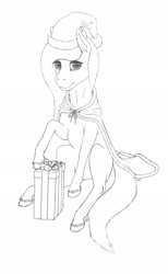 Size: 1261x2048 | Tagged: safe, artist:antnoob, artist:lightsolver, derpibooru import, oc, pony, black and white, cape, christmas, clothes, female, grayscale, hat, holiday, looking at you, mare, monochrome, present, santa hat, solo, traditional art