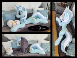 Size: 1280x971 | Tagged: safe, artist:purplenebulastudios, derpibooru import, lyra heartstrings, pony, unicorn, clothes, dig the swell hoodie, hoodie, irl, life size, lying down, photo, plushie, prone, solo, sploot