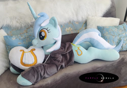 Size: 1280x893 | Tagged: safe, artist:purplenebulastudios, derpibooru import, lyra heartstrings, pony, unicorn, clothes, dig the swell hoodie, hoodie, irl, life size, lying down, photo, pillow, plushie, prone, solo, sploot
