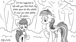 Size: 1200x675 | Tagged: safe, artist:pony-berserker, derpibooru import, apple bloom, rainbow dash, pony, pony-berserker's twitter sketches, bush, female, filly, foal, mare, monochrome, ponified, pony-berserker's twitter sketches (2023), reference, signature, species swap, tree, whistle