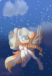 Size: 849x1243 | Tagged: safe, artist:brybrychan, derpibooru import, oc, oc only, braid, claws, flying, outdoors, snow, solo, wings