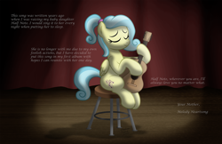 Size: 1600x1036 | Tagged: safe, artist:aleximusprime, derpibooru import, oc, oc only, oc:melody heartsong, pegasus, pony, fanfic:oh mother where art thou, flurry heart's story, cozy glow's mother, curtains, eyes closed, female, guitar, mare, musical instrument, pegasus oc, sitting, solo, spotlight, stage, stool, story included, text