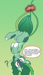 Size: 1096x1920 | Tagged: safe, artist:brybrychan, derpibooru import, pony, bulbasaur, eyelashes, female, gradient background, mare, pokémon, ponified, question mark, solo, species swap, talking, tentacles, upside down