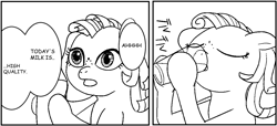 Size: 1165x533 | Tagged: safe, artist:zan logemlor, derpibooru import, oc, oc only, oc:milky way, earth pony, pony, 2 panel comic, comic, dialogue, drink, drinking, earth pony oc, eyes closed, female, freckles, glass, grayscale, hoof hold, japanese reading order, mare, milk, monochrome, open mouth, speech bubble, talking