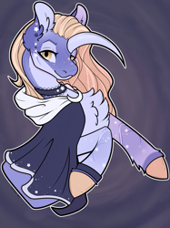 Size: 749x999 | Tagged: safe, artist:raydoodle, derpibooru import, oc, oc only, alicorn, pony, bust, chest fluff, choker, cloak, clothes, curved horn, ear fluff, ears, female, horn, mare, smiling, solo