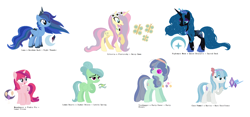 Size: 2500x1172 | Tagged: safe, artist:harmonicdreemur1308, derpibooru import, oc, oc only, pony, base used, magical lesbian spawn, offspring, parent:coco pommel, parent:lemon hearts, parent:moondancer, parent:nightmare moon, parent:party favor, parent:pinkie pie, parent:princess luna, parent:queen chrysalis, parent:rainbow dash, parent:rarity, parent:tree hugger, parent:zephyr breeze, parents:flutterlestia, parents:lunadash, simple background, white background