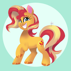 Size: 3500x3500 | Tagged: safe, artist:fizzlefer, derpibooru import, sunset shimmer, pony, unicorn, cute, female, grin, mare, raised hoof, raised leg, shimmerbetes, signature, smiling, solo