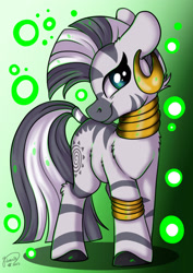 Size: 1920x2716 | Tagged: safe, artist:julunis14, derpibooru import, zecora, zebra, cute, ear piercing, earring, ears, female, floppy ears, gradient background, green background, jewelry, magic, mare, neck rings, orb, piercing, signature, simple background, smiling, solo, zecorable