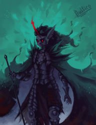 Size: 2896x3766 | Tagged: safe, artist:bultico, derpibooru import, king sombra, anthro, umbrum, unicorn, abstract background, armor, cape, clothes, dark magic, magic, male, red eyes, scar, signature, solo, sword, weapon