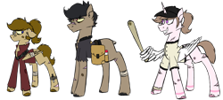 Size: 2000x900 | Tagged: safe, artist:fuckomcfuck, derpibooru import, oc, oc:doodles, oc:pog champ, oc:wisp, alicorn, earth pony, pegasus, pony, alternate universe, bag, bags under eyes, bandage, baseball bat, baseball cap, belt, bruised, cap, clothes, cracked horn, hat, height difference, horn, jacket, jersey, knife, no tail, scar, simple background, the trotting dead, torn clothes, torn ear, transparent background, trio