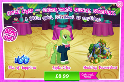 Size: 1964x1301 | Tagged: safe, derpibooru import, earth pony, pony, advertisement, apple, apple crisp, barrel, beard, bowtie, clothes, costs real money, english, facial hair, food, gameloft, hay bale, male, mobile game, my little pony: magic princess, numbers, official, pear, sale, solo, solo focus, stallion, suit, text, tree