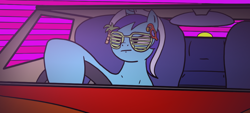 Size: 874x394 | Tagged: safe, artist:zan logemlor, derpibooru import, minuette, earth pony, pony, unicorn, car, female, glasses, horn, mare, outrun, shutter shades, sitting, solo, steering wheel, sunglasses