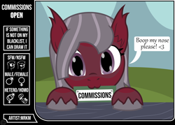 Size: 2512x1801 | Tagged: safe, artist:mrkm, derpibooru import, oc, oc:cherry night, bat pony, advertisement, bat pony oc, boop request, commission info, cute, ear fluff, ears, female, female symbol, hooves on the table, looking at you, male symbol, mare, mouth hold, speech bubble, unshorn fetlocks