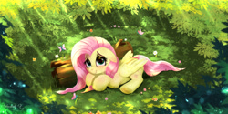 Size: 3600x1800 | Tagged: safe, artist:darksly, derpibooru import, fluttershy, butterfly, pegasus, pony, blushing, crepuscular rays, cute, female, flower, forest, high res, lying down, mare, shyabetes, solo