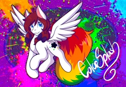 Size: 2048x1423 | Tagged: safe, artist:mscolorsplash, derpibooru import, oc, oc only, oc:color splash, pegasus, pony, abstract background, bow, female, hair bow, looking at you, mare, name, rainbow tail, smiling, smiling at you, solo, spread wings, tail, wings