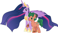 Size: 7807x4463 | Tagged: safe, artist:cloudyglow, artist:crystalmagic6, derpibooru import, edit, princess twilight 2.0, timber spruce, twilight sparkle, twilight sparkle (alicorn), alicorn, earth pony, pony, absurd resolution, beanie, crown, duo, duo male and female, equestria girls ponified, ethereal mane, female, hat, jewelry, larger female, looking at you, male, mare, older, older twilight, ponified, raised hoof, raised leg, regalia, shipping, simple background, size difference, smiling, species swap, stallion, starry mane, straight, tiara, timbertwi, transparent background, updated, vector, vector edit