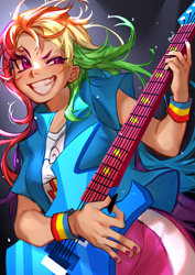 Size: 2480x3508 | Tagged: safe, artist:moto-1024, derpibooru import, rainbow dash, human, equestria girls, big grin, dreamworks face, electric guitar, female, grin, guitar, high res, human coloration, moderate dark skin, musical instrument, smiling, solo