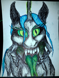 Size: 3468x4624 | Tagged: safe, artist:quizaro, derpibooru import, queen chrysalis, mandibles, mawshot, open mouth, solo, tongue, tongue out, traditional art