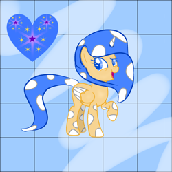 Size: 1378x1378 | Tagged: safe, artist:dashie.candy, derpibooru import, oc, oc:blueberry heart sparkle, alicorn, pony, alicorn oc, blue background, blue eyes, blue mane, blue tail, colored wings, dots, female, folded wings, happy, heart, horn, looking up, mare, offspring, open mouth, open smile, parent:flash sentry, parent:twilight sparkle, parents:flashlight, polka dots, raised hoof, raised leg, simple background, smiling, solo, sparkles, tail, two toned wings, wings