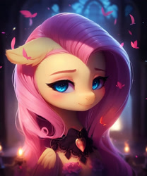 Size: 1280x1536 | Tagged: safe, derpibooru import, editor:nightluna, generator:purplesmart.ai, generator:stable diffusion, machine learning assisted, fluttershy, pegasus, pony, cherry blossoms, clothes, ear fluff, ears, eyebrows, eyelashes, female, flower, flower blossom, heart, looking sideways, mare, one ear down, smiling, solo