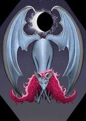 Size: 1240x1754 | Tagged: safe, derpibooru import, bat pony, eclipse, glowing, glowing eyes, golden eyes, red hair, spread wings, wings