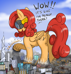 Size: 2525x2612 | Tagged: safe, artist:qkersnll, derpibooru import, oc, oc only, oc:soft melody, pegasus, pony, butt, city, destruction, dialogue, dock, female, giant pony, giantess, helicopter, high res, macro, mare, onomatopoeia, plot, tail, underhoof, vr headset