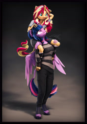 Size: 4000x5656 | Tagged: safe, artist:imafutureguitarhero, derpibooru import, sci-twi, sunset shimmer, twilight sparkle, twilight sparkle (alicorn), alicorn, anthro, classical unicorn, unguligrade anthro, unicorn, 3d, :p, absurd resolution, adorkable, age regression, arm behind head, arm fluff, arm freckles, boots, border, cargo pants, cheek fluff, chin fluff, chromatic aberration, clothes, cloven hooves, colored eyebrows, colored eyelashes, cute, dork, duo, ear fluff, ear freckles, ears, female, filly, filly sunset shimmer, film grain, floppy ears, fluffy, fluffy hair, fluffy mane, fluffy tail, foal, freckles, fur, glasses, glasses off, grin, hoof boots, hoof fluff, horn, leg fluff, leg freckles, leonine tail, long hair, long mane, long nails, looking at someone, looking up, mama twilight, mare, multicolored hair, multicolored mane, multicolored tail, nose wrinkle, one ear down, paintover, pants, peppered bacon, piggyback ride, revamped anthros, revamped ponies, scitwilicorn, shadow, shimmerbetes, shirt, shoes, shorts, signature, smiling, socks, source filmmaker, striped sweater, sweater, tail, tongue, tongue out, twiabetes, unshorn fetlocks, vertical, wall of tags, wings, wings down, younger