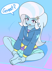 Size: 1379x1898 | Tagged: safe, artist:batipin, derpibooru import, trixie, human, equestria girls, barefoot, bronybait, clothes, cute, diatrixes, feet, gradient background, great, open mouth, sitting, skirt, solo, speech bubble, sweater, talking to viewer