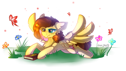 Size: 2560x1440 | Tagged: safe, artist:yuris, derpibooru import, oc, oc only, oc:yuris, butterfly, pegasus, pony, book, ears back, female, flower, gravity falls, journal #3, pegasus oc, simple background, smiling, solo, spread wings, telling lies, white background, wings