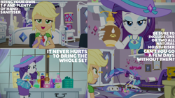 Size: 2000x1125 | Tagged: safe, derpibooru import, edit, edited screencap, editor:quoterific, screencap, applejack, rarity, human, better together, camping must-haves, equestria girls, rarity peplum dress