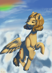 Size: 2113x2953 | Tagged: safe, artist:fly over, derpibooru import, oc, pegasus, pony, candy, cloud, female, food, lesley gore, lollipop, mare, one eye closed, pegasus oc, sky