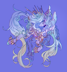 Size: 2085x2256 | Tagged: safe, artist:vivonyan, derpibooru import, oc, oc only, hybrid, merpony, pony, armor, blue background, commission, crown, digital art, ethereal mane, flowing mane, flowing tail, high res, jewelry, looking at you, male, regalia, simple background, solo, sparkles, stallion, starry mane, starry tail, swimming, tail, underwater, unshorn fetlocks, water