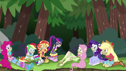 Size: 4500x2530 | Tagged: safe, artist:splendidbondage, derpibooru import, applejack, fluttershy, pinkie pie, rainbow dash, rarity, sci-twi, sunset shimmer, twilight sparkle, human, equestria girls, legend of everfree, boho, forest, gag, humane five, humane seven, humane six, ponied up, tied up