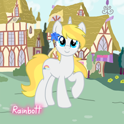 Size: 600x600 | Tagged: safe, artist:rainbott, derpibooru import, oc, oc only, pony, unicorn, blonde, blonde hair, blue eyes, female, mare, picrew, ponysona creator, ponyville, smiling, solo, white coat