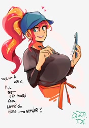 Size: 1400x2000 | Tagged: safe, artist:sozglitch, derpibooru import, sunset shimmer, human, apron, baseball cap, big breasts, breasts, cap, clipboard, clothes, female, hat, huge breasts, humanized, looking at you, ponytail, shirt, simple background, solo, sunset jiggler, t-shirt, talking to viewer, waitress, white background