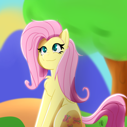 Size: 1800x1800 | Tagged: safe, artist:ermecg, derpibooru import, fluttershy, pegasus, pony, cel shading, colored lineart, eyes open, gazing, shading, simple background, sky, solo