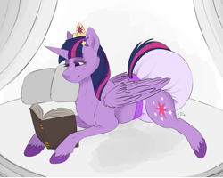 Size: 2500x2000 | Tagged: safe, artist:galaxylatte, derpibooru import, twilight sparkle, twilight sparkle (alicorn), alicorn, pony, adult, adult diaper, book, clothes, diaper, diaper fetish, diapered, fetish, lying, lying down, non-baby in diaper, poofy diaper, princess, purple diaper, reading, simple background, simple shading, solo, underwear