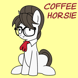 Size: 900x900 | Tagged: safe, artist:banquo0, derpibooru import, raven, pony, unicorn, :>, coffee, cute, derp, female, glasses, hair bun, mare, necktie, ravenbetes, secretary, simple background, sitting, smiling, solo, text, yellow background