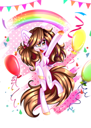 Size: 1282x1790 | Tagged: safe, artist:scatcat45, derpibooru import, oc, oc only, earth pony, pony, art trade, balloon, chest fluff, confetti, cute, female, rainbow, simple background, white background